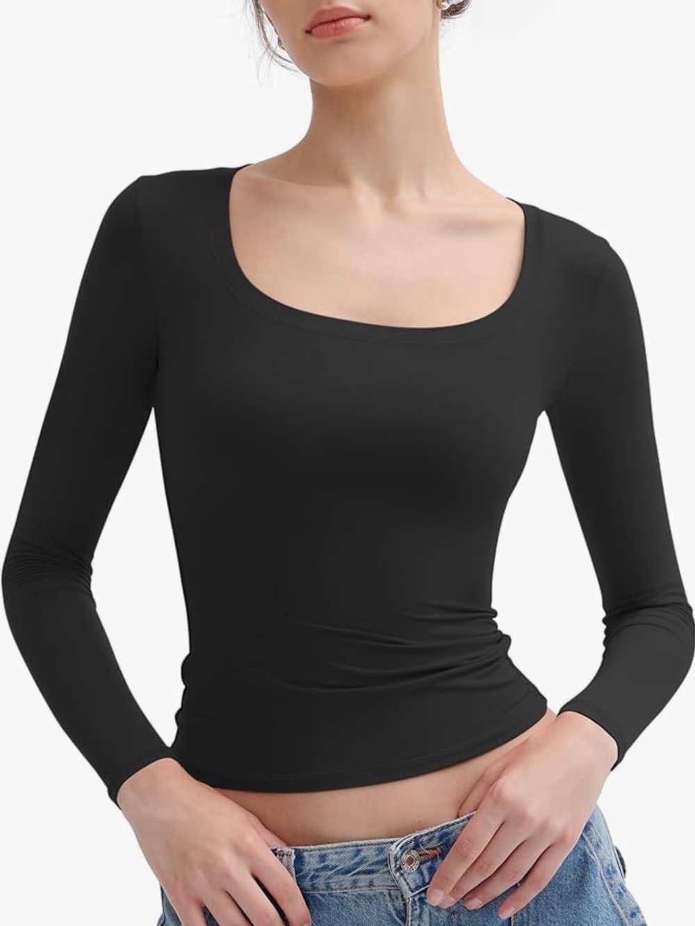 PUMIEY Women's Long Sleeve T Shirts Scoop Neck Slim Fit Double Lined Size Large